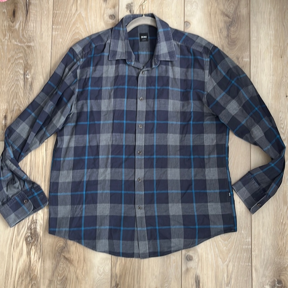 Boss Hugo Boss Ronny Slim Fit Plaid Button Down Shirt Gray Blue Size 2XL